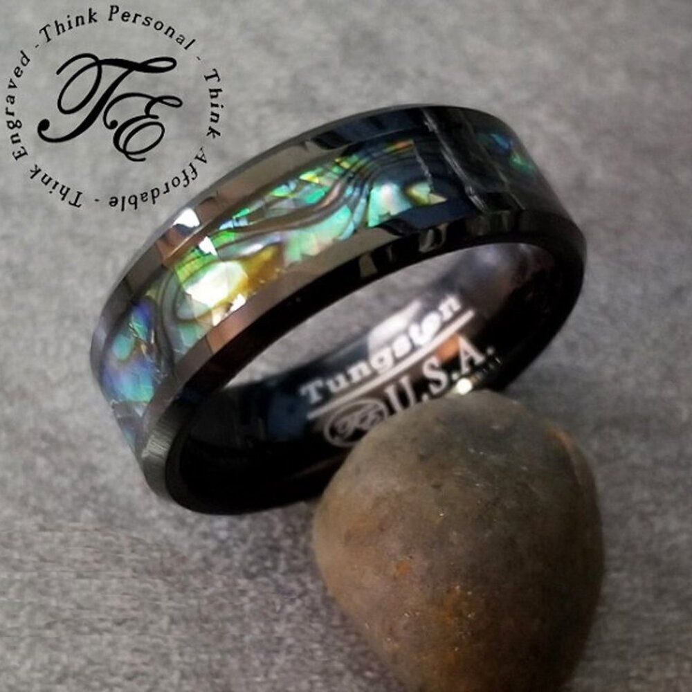 Men's Real Black Tungsten Wedding Ring With Abalone Shell Inlay